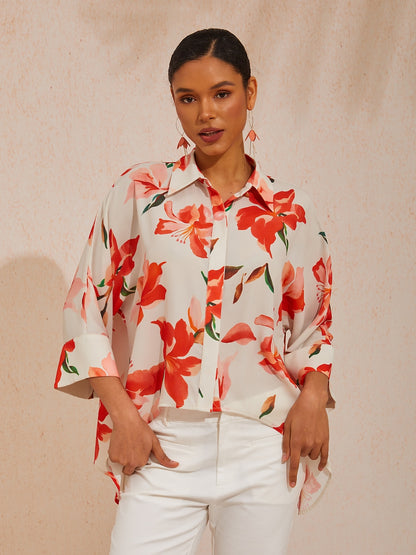 Vacation Pink Floral Dolman Sleeve Chiffon Shirt