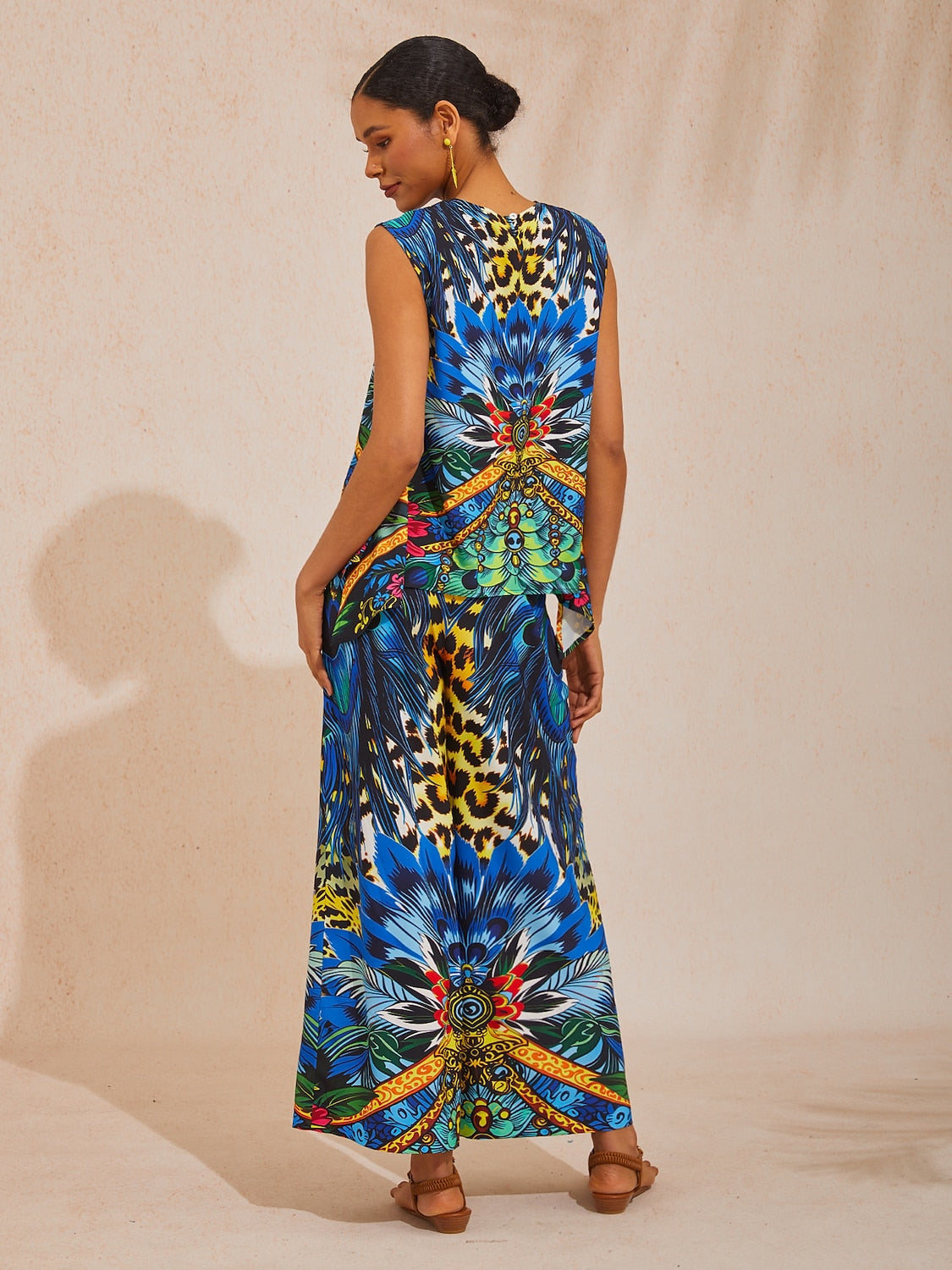 Vacation Leopard Feather Print Elastic Waist Satin Straight Pants