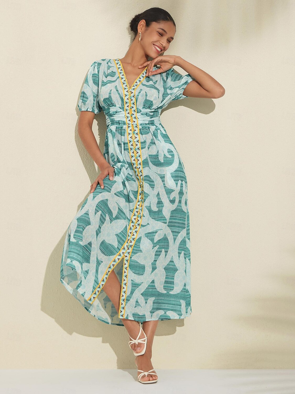 Puff Sleeve V Neck Maxi Dress