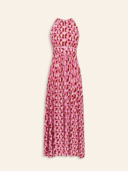 Dress Maxi Rayon Geometric Print Lace Trim