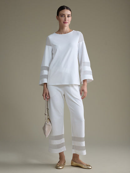 White Modal Cropped Chiffon Hem Pants