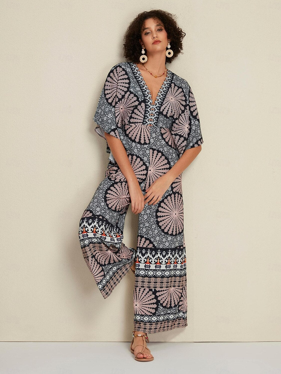 Satin Folk Print Magyar Deep umpsuit