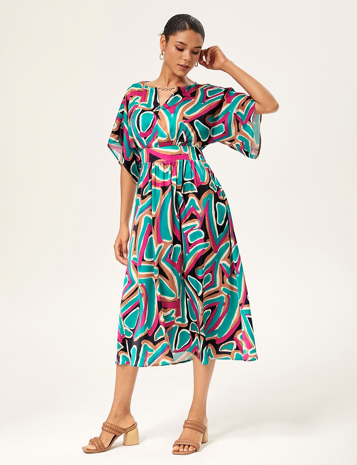 Colorful Abstract Batwing Sleeve Cinched Satin Dress