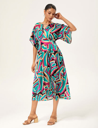 Colorful Abstract Batwing Sleeve Cinched Satin Dress