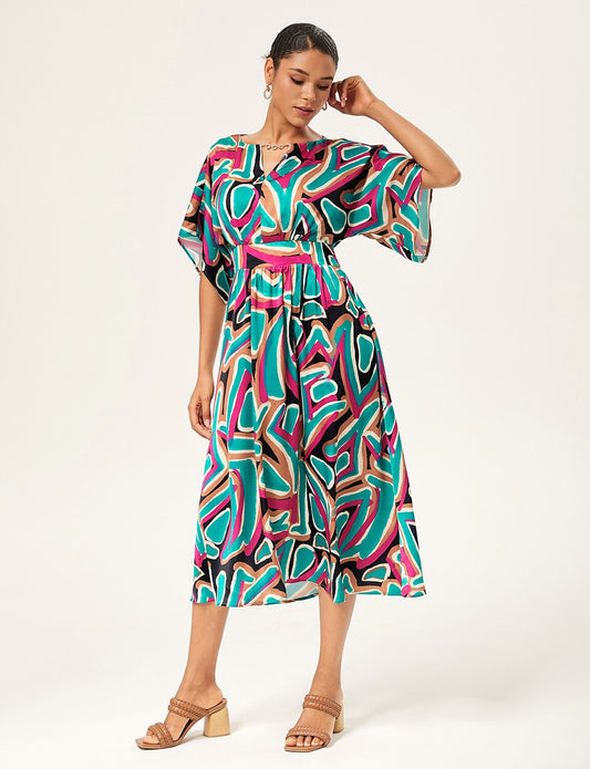 Colorful Abstract Batwing Sleeve Cinched Satin Dress