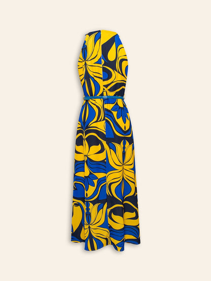 Midi Dress Midi Dress Yellow less Floral Belted Printing High Pattern Dress