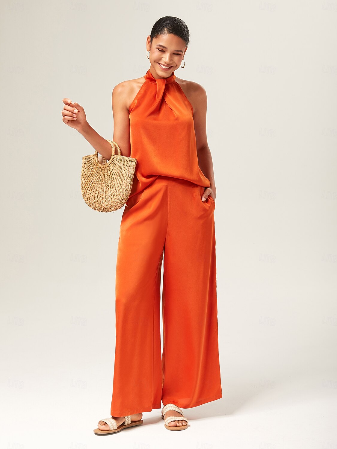 Satin Orange Stand Collar Wide Leg Pants Set