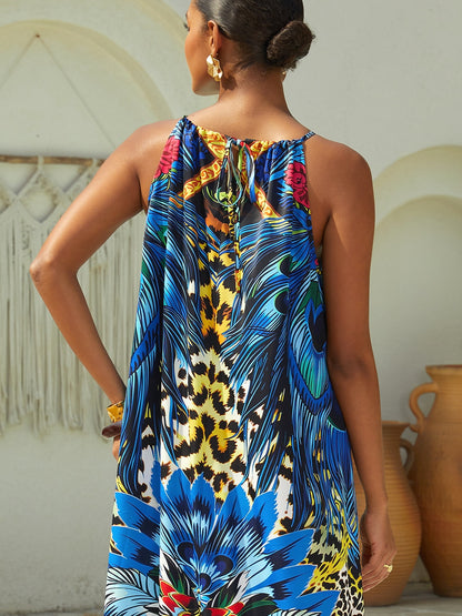 Vacation Feather Leopard Print Sleeveless Satin Camisole Maxi Dress