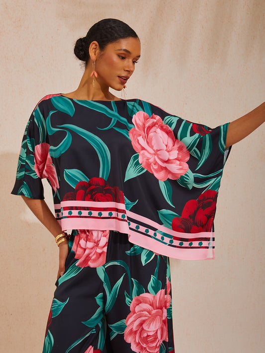 Vacation Contrast Color Artistic Floral Dolman Sleeve Satin Top