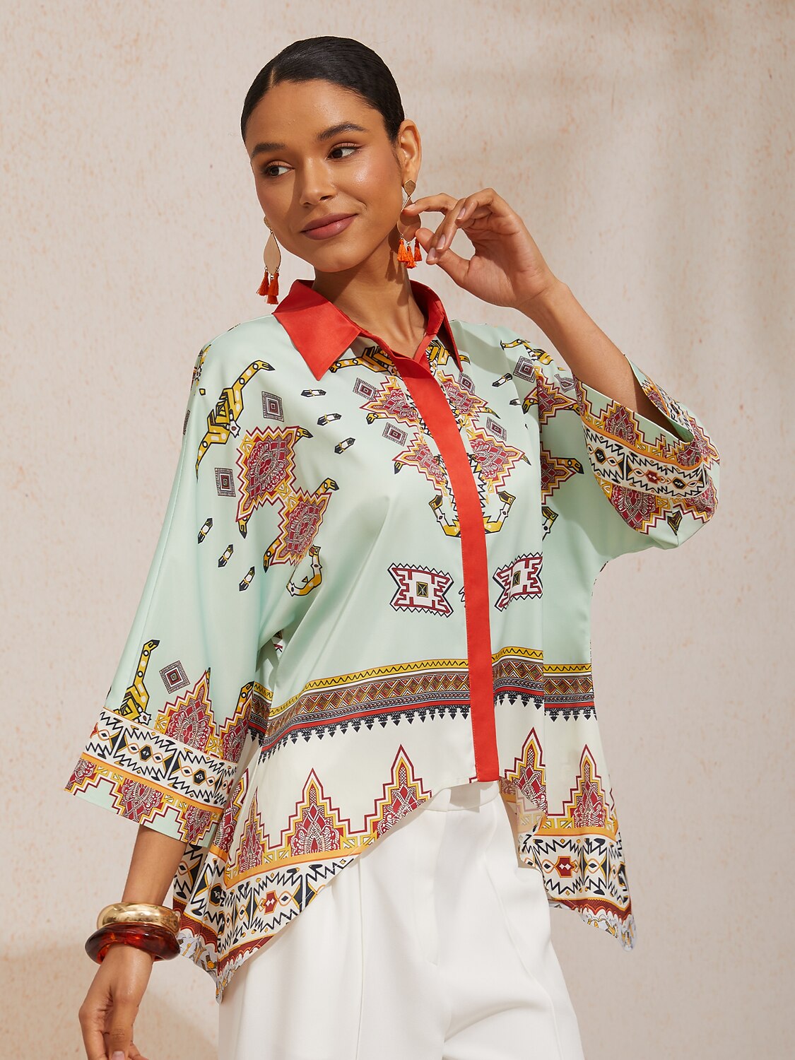 Vacation Scenic Floral Print Dolman Sleeve Chiffon Short Shirt
