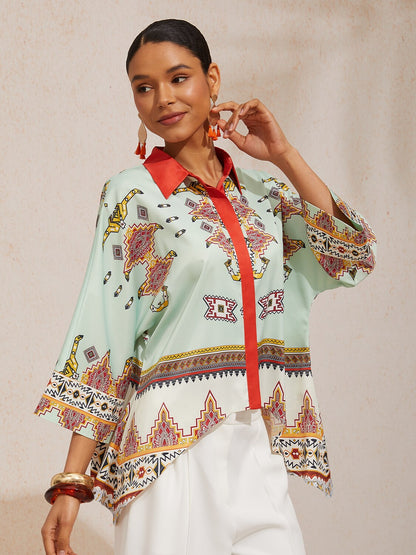 Vacation Scenic Floral Print Dolman Sleeve Chiffon Short Shirt