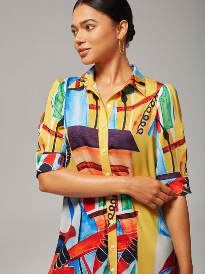 Mini Shirt Dress Satin Artistic Down Straight Fit