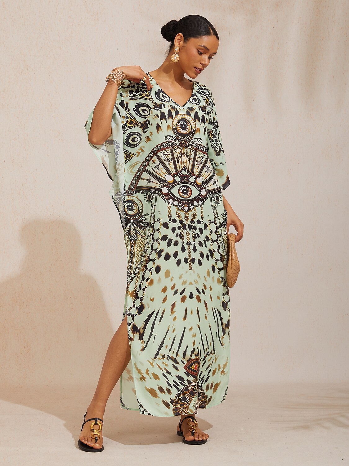 Mallorca Blossom Flowy Chiffon Dolman Sleeve Maxi Dress