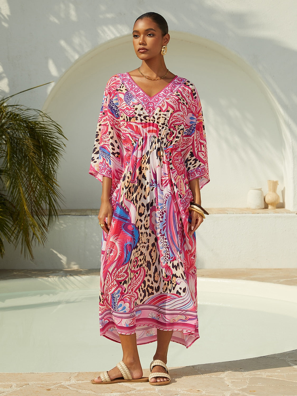 Vacation Paisley Leopard Print Chiffon Maxi Dress