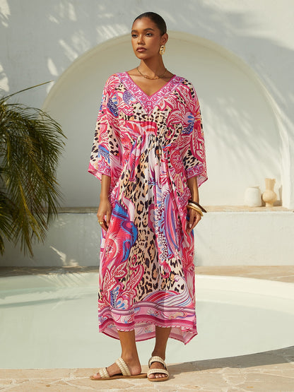 Vacation Paisley Leopard Print Chiffon Maxi Dress