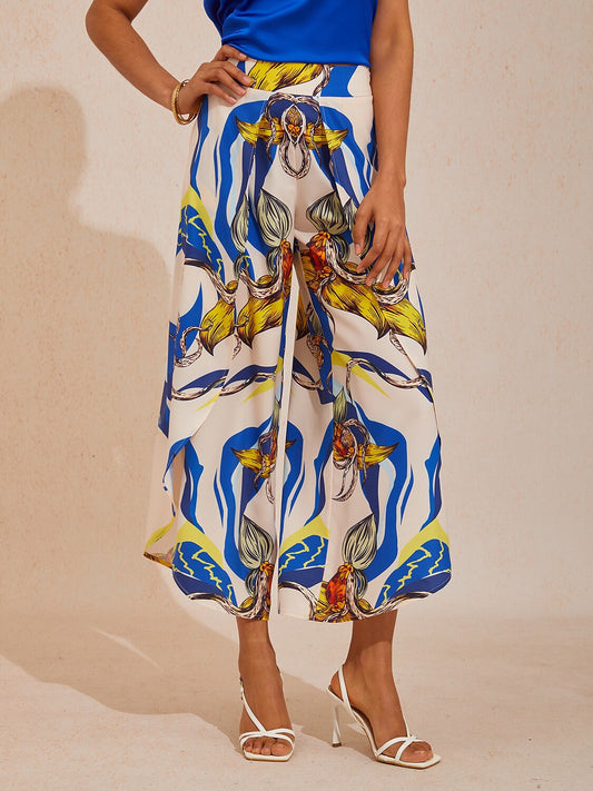 Vacation Abstract Geometric Print Curved Hem Cross-over Satin Wide leg Pants