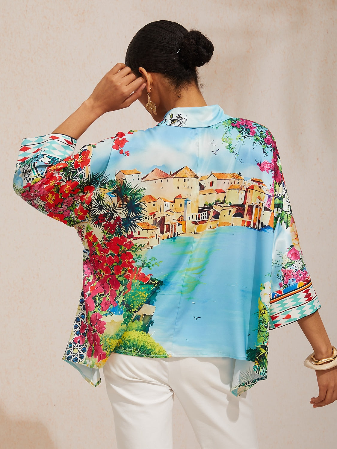 Mallorca Blossom Silky Satin Dolman Sleeve Top