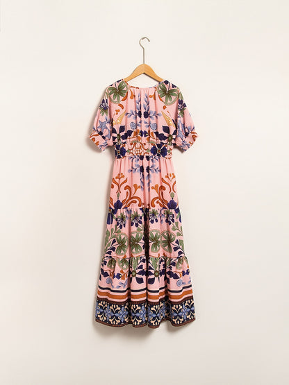 Floral Lace Up Short Midi Dress