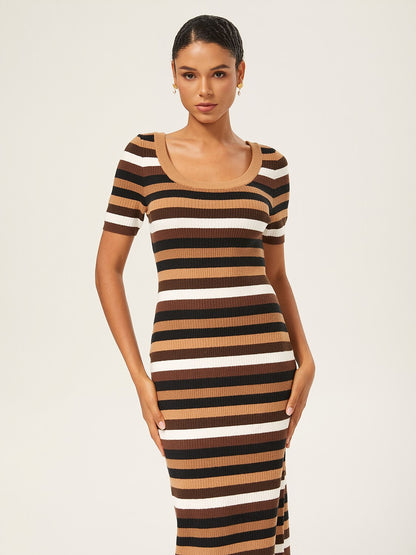 Coffee Striped Fitted Knit Maxi Dress