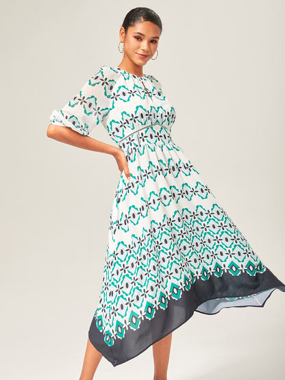Geometric Cinched Waist Midi Dress