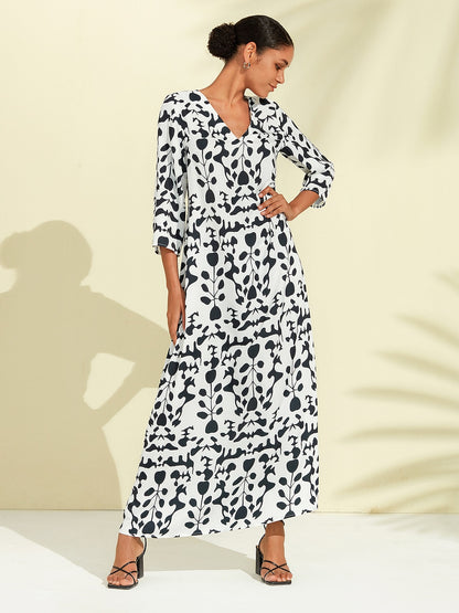 Satin Floral Geometric Pattern Vacation Maxi Dress