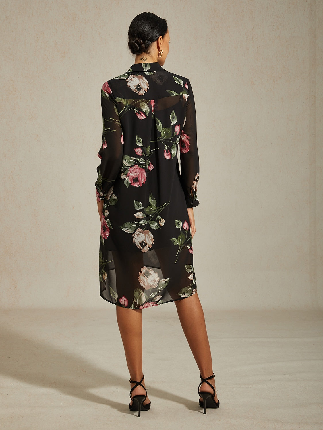 Mini Dress Shirt Collar Chiffon Black Floral Print