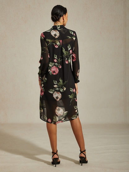 Mini Dress Shirt Collar Chiffon Black Floral Print