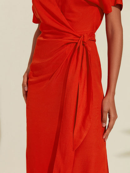 Tencel Linen Orange Red  Shirred Wrap Midi Dress