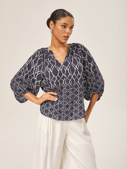 Monochrome Print Lantern Sleeve Top