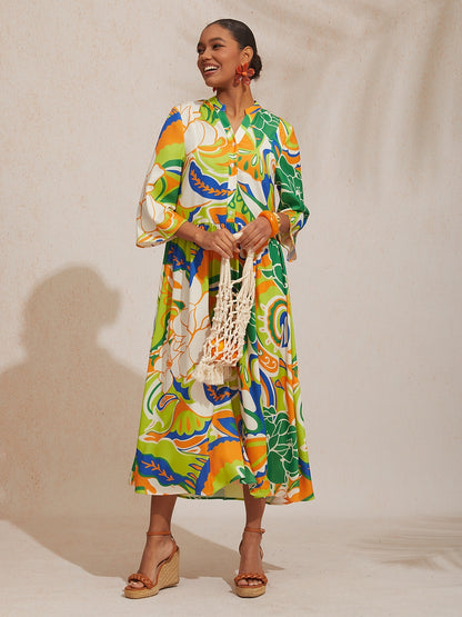 Vacation Color Contrast Floral Print Ruched Satin Maxi Dress