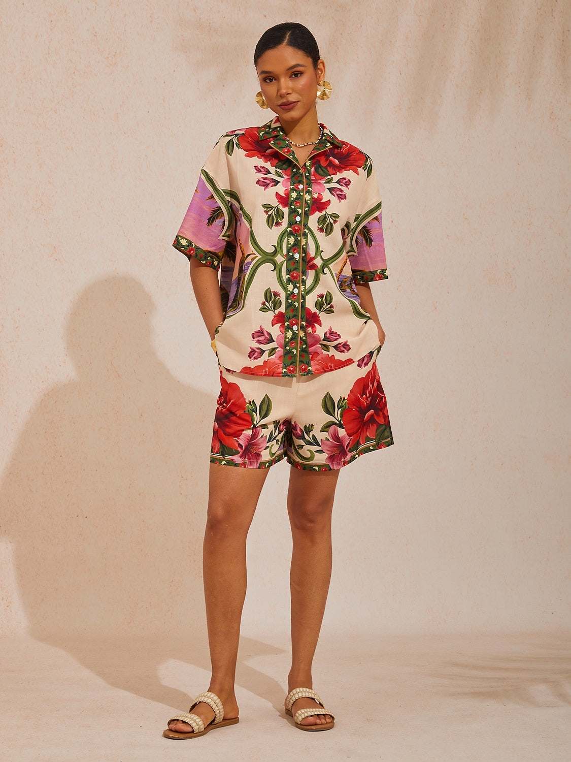 Vacation Placement Floral Elastic Waist Linen like Straight Shorts