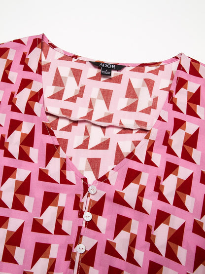 Resort Maxi Dress Pink Short Geometic Drawstring