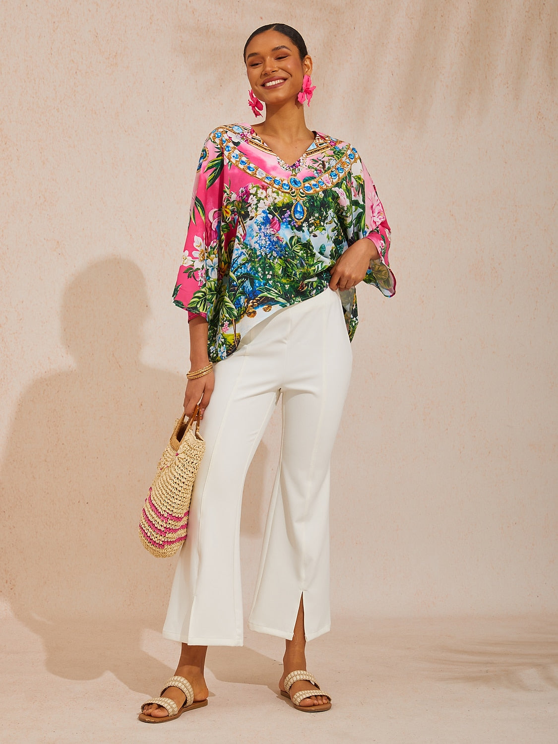 Vacation Jungle Print Dolman Sleeve Satin Top