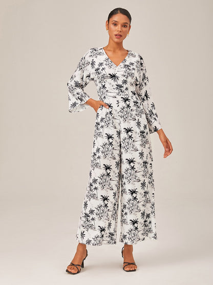 Palm Tree Print Vacation Style Satin Jumpsuit