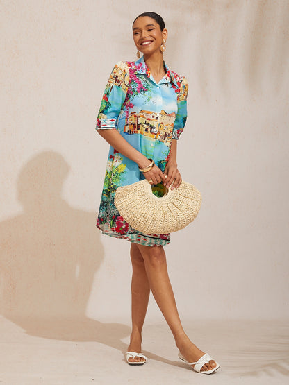 Vacation Scenic Floral Print Straight Satin Shirt Dress