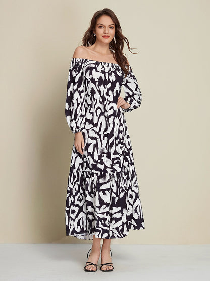 Satin Abstract Graffiti Print Off-Shoulder Maxi Dress