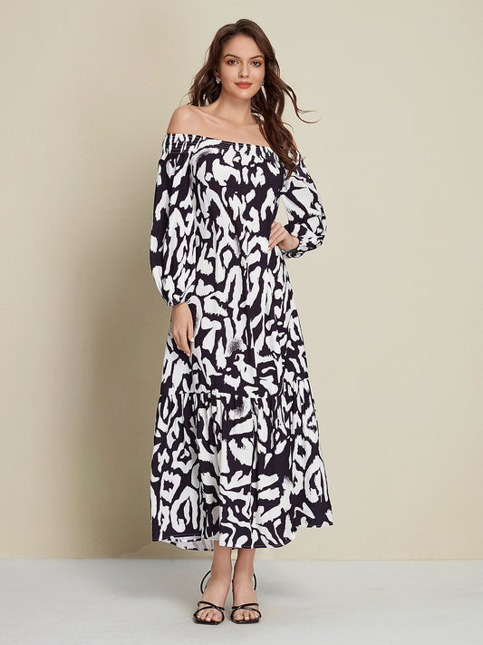 Satin Abstract Graffiti Print Off-Shoulder Maxi Dress