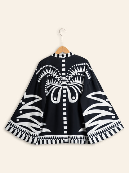 Blouse Black Satin Geometric Print Flare Cuff