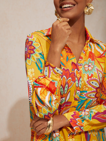 Vacation Yellow Paisley Print Straight Fit Satin Shirt Dress