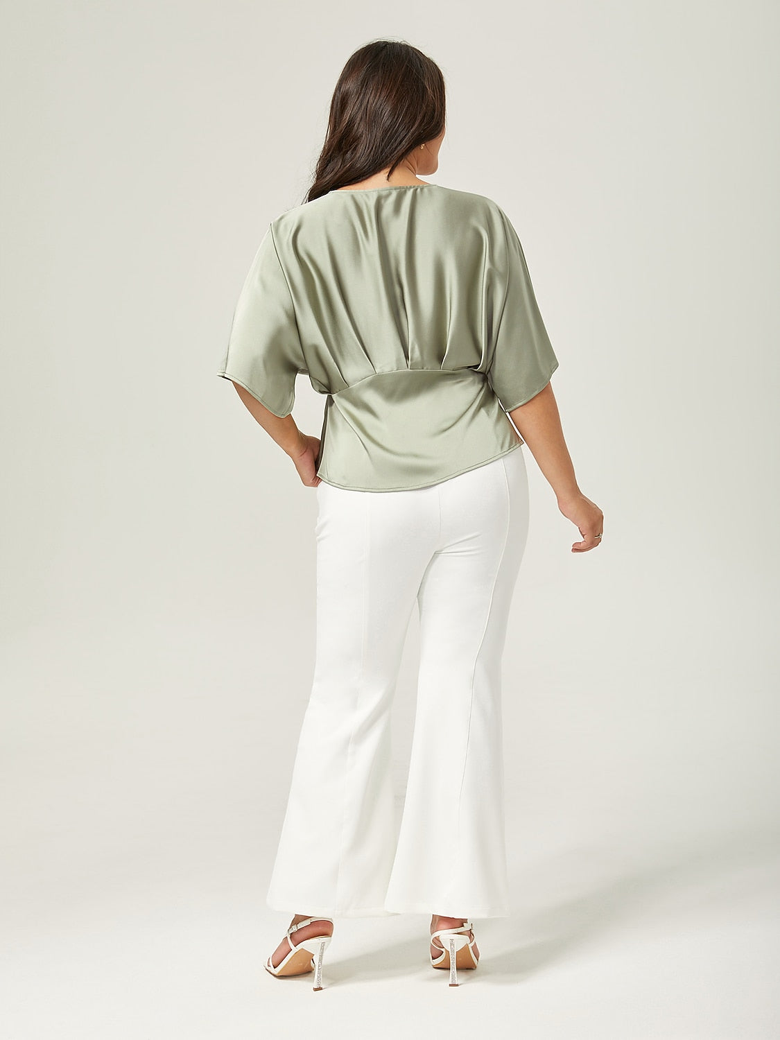 Satin Dolman Sleeve Inverted Pleat V-Neck Top