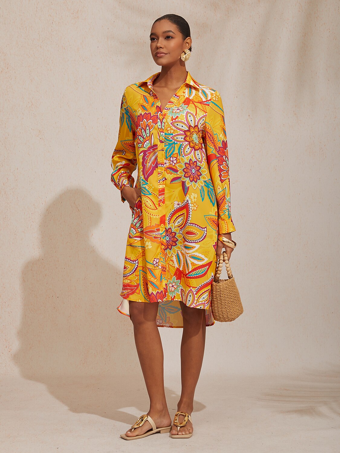 Vacation Yellow Paisley Print Straight Fit Satin Shirt Dress
