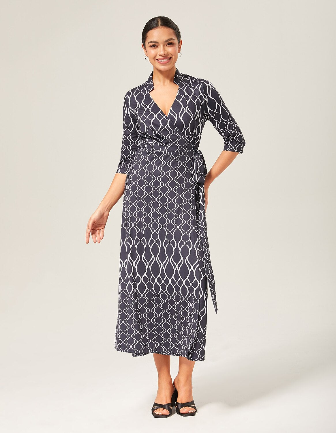 Geometric Print Stretch Satin Wrap Dress