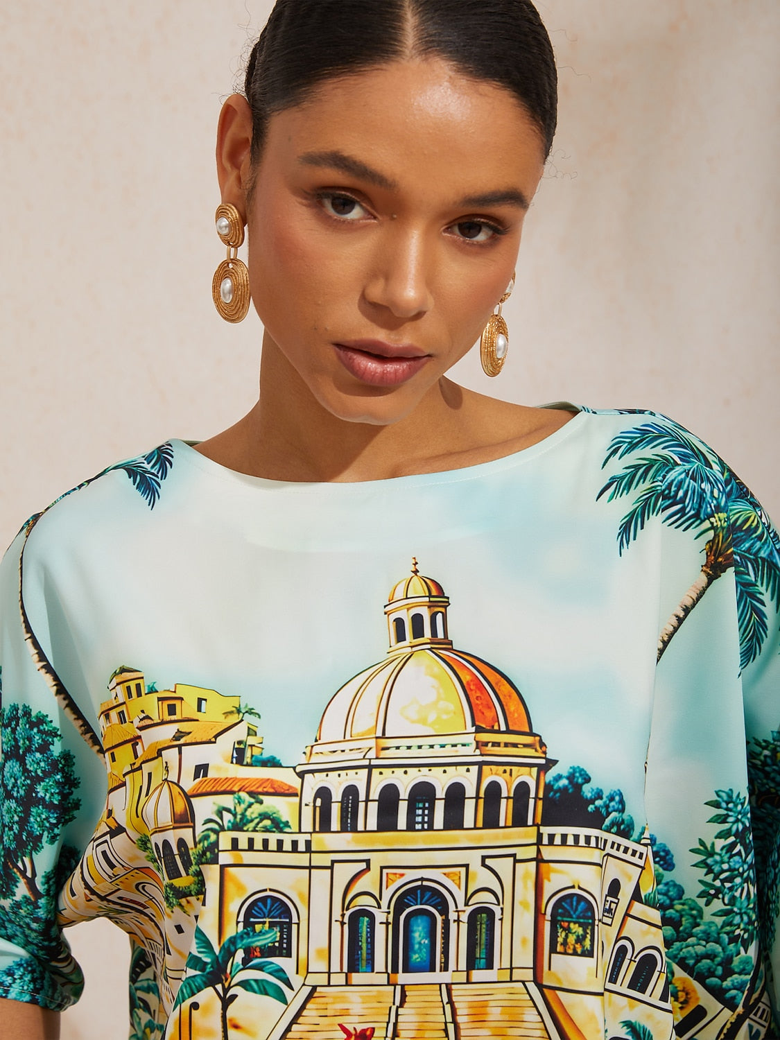 Summer Night Palm Silky Satin Dolman Sleeve Top