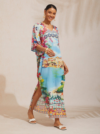 Mallorca Blossom Flowy Chiffon Dolman Sleeve Maxi Dress