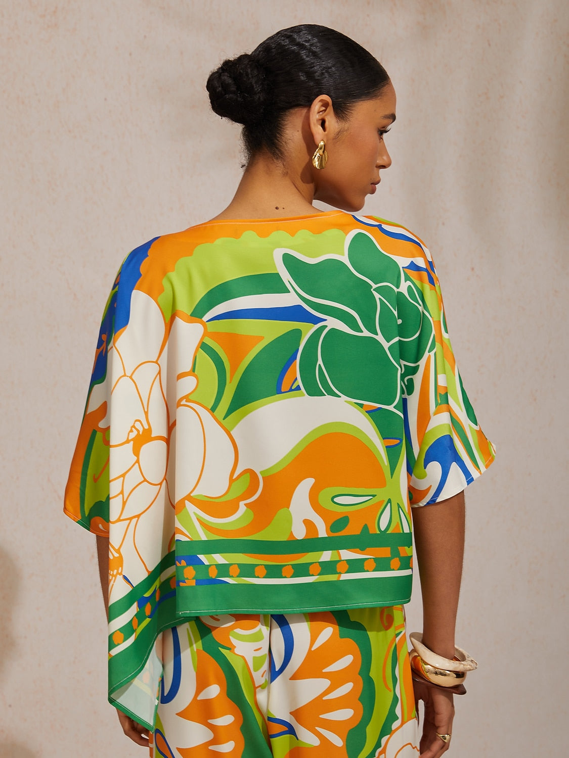 Summer Night Palm Silky Satin Dolman Sleeve Top