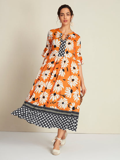 Satin Vacation Geometric Pattern 3/4 Length Sleeves Maxi Dress