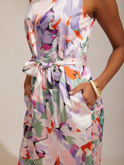 Vacation Abstract Floral Print Straight Fit Satin Maxi Dress