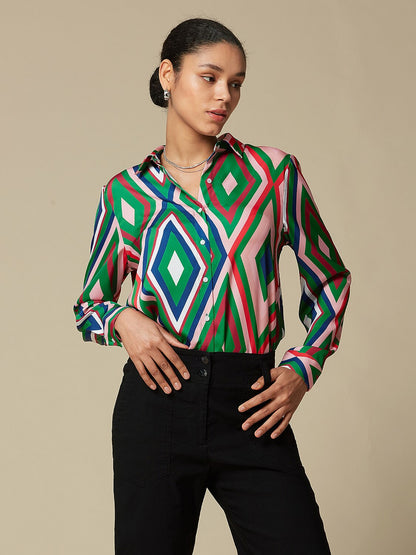 Satin Geometric Print Casual Shirt
