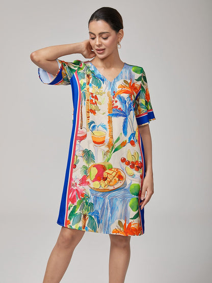 Fruit Floral Straight V-Neck Mini Dress