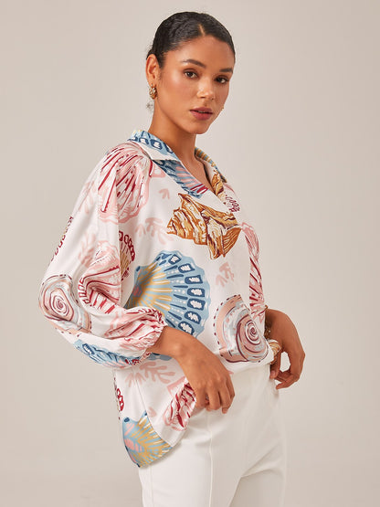 Shell Print Relaxed Fit Overhead V-Neck Blouse